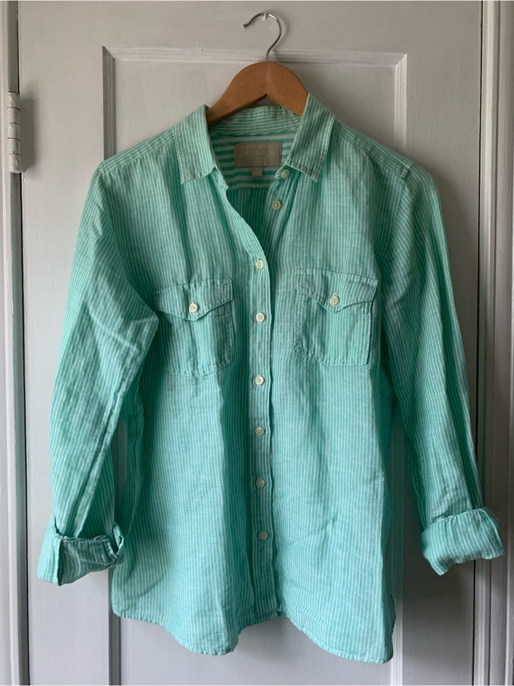 Banana Republic Soft Wash Linen Cotton Mint Green and White Pinstripe Shirt M - Picture 2 of 16
